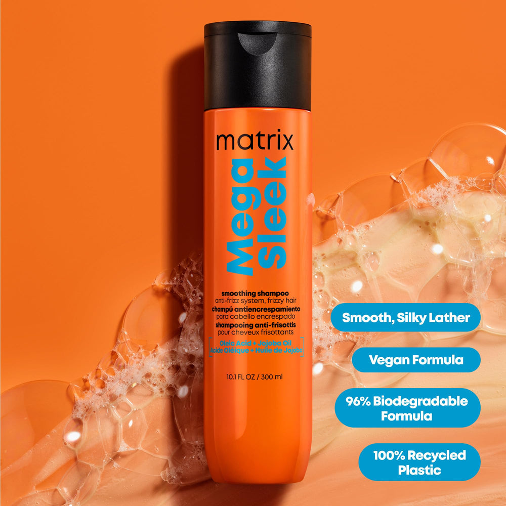 MATRIX before-and-after hair comparison illustrating reduced frizz benefit