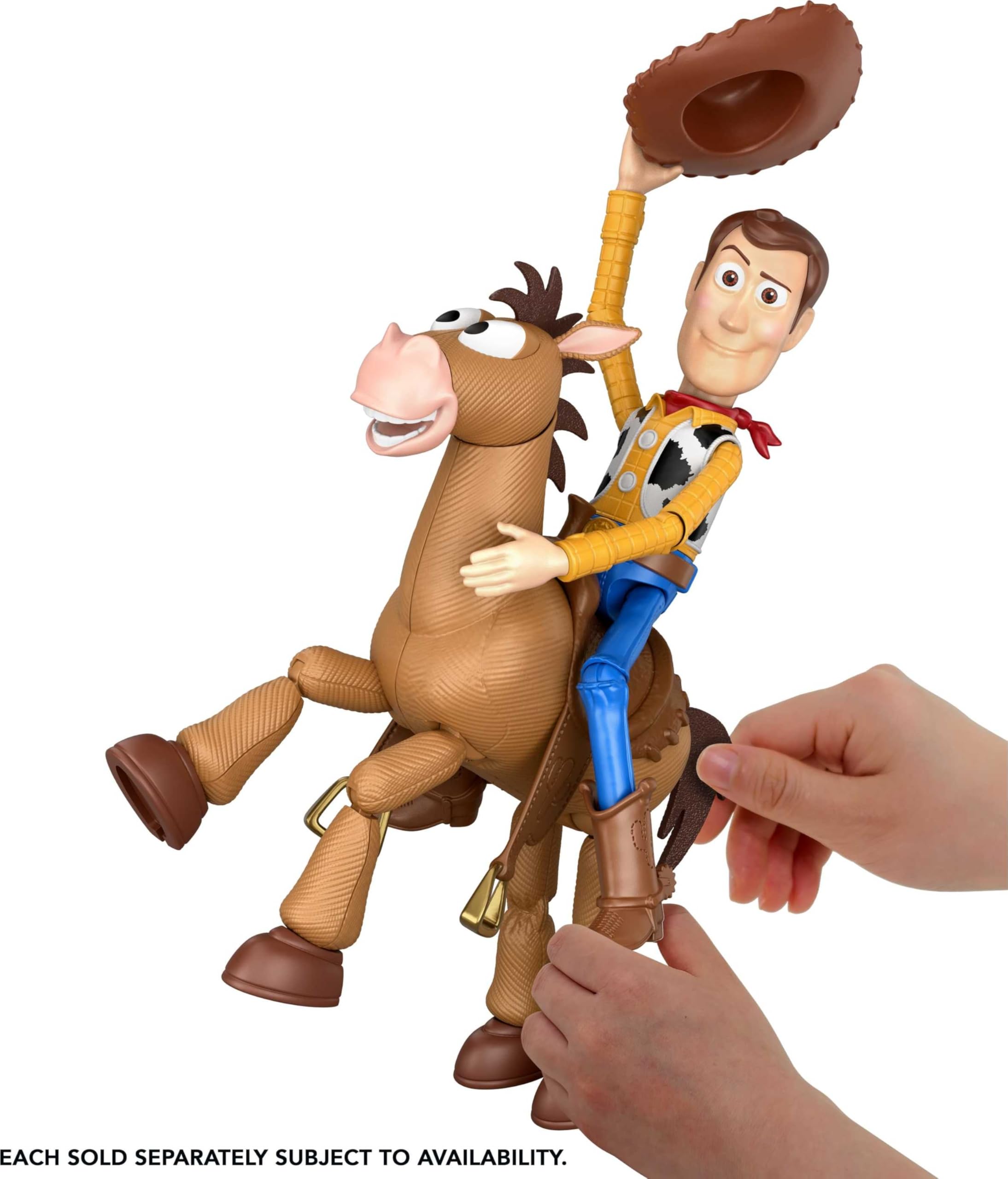 Mattel Bullseye with Woody and Jessie on saddle showing riding compatibility