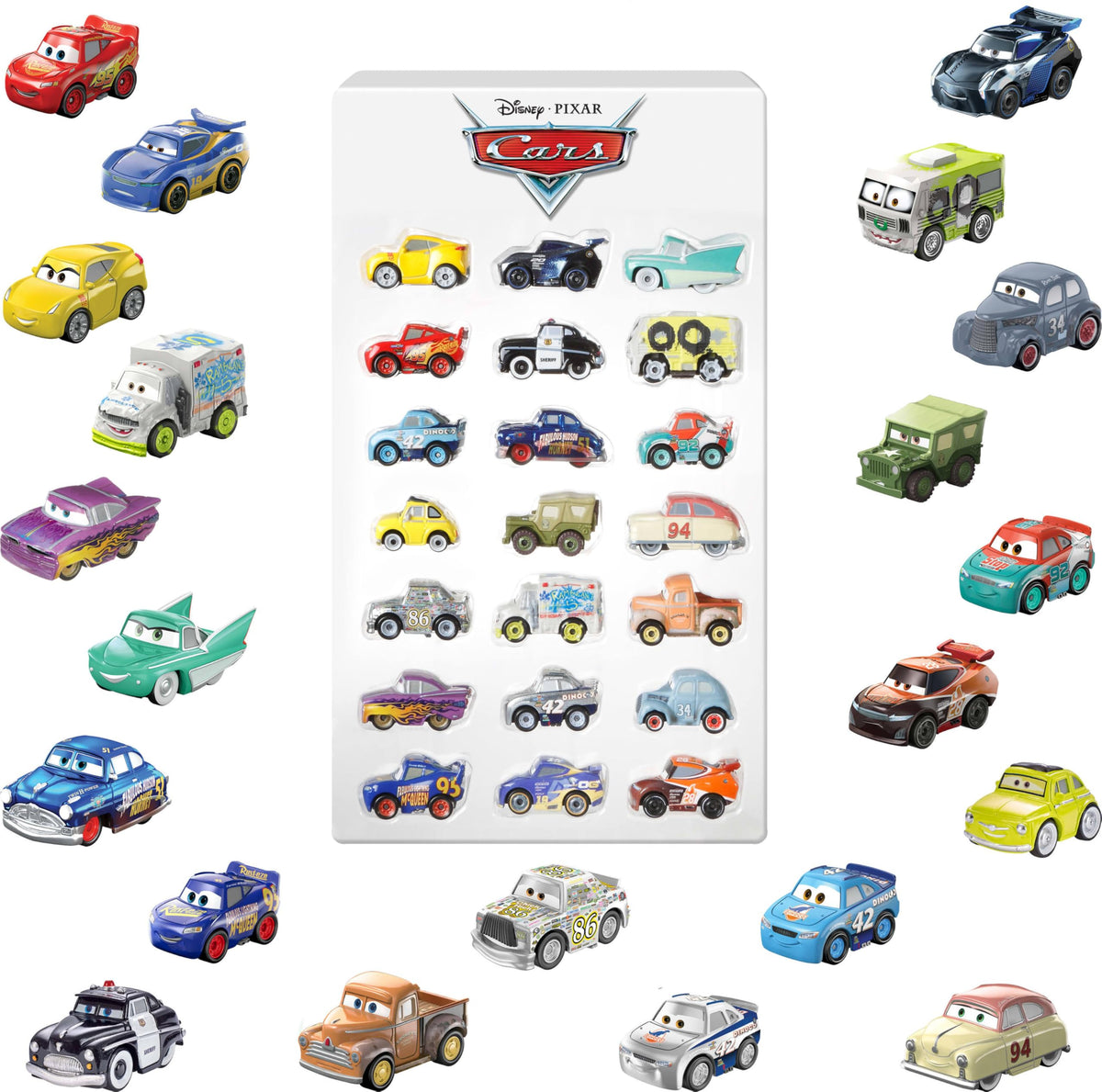 Mattel display packaging showing the 21‑pack Cars set and included characters for collection