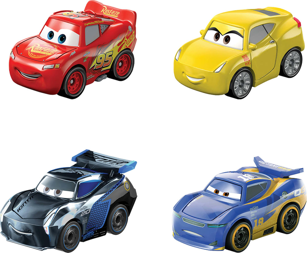 Closeup of Lightning McQueen mini racer face by Mattel highlighting character detail