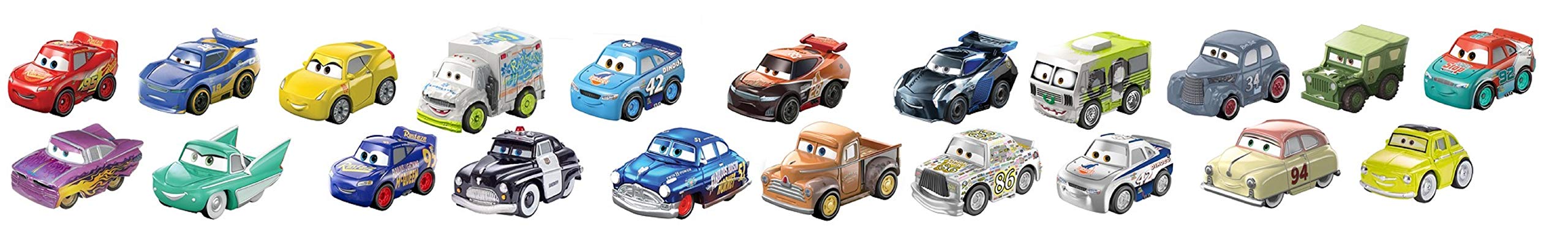 Back of Mattel packaging showing printed character names and included vehicle list
