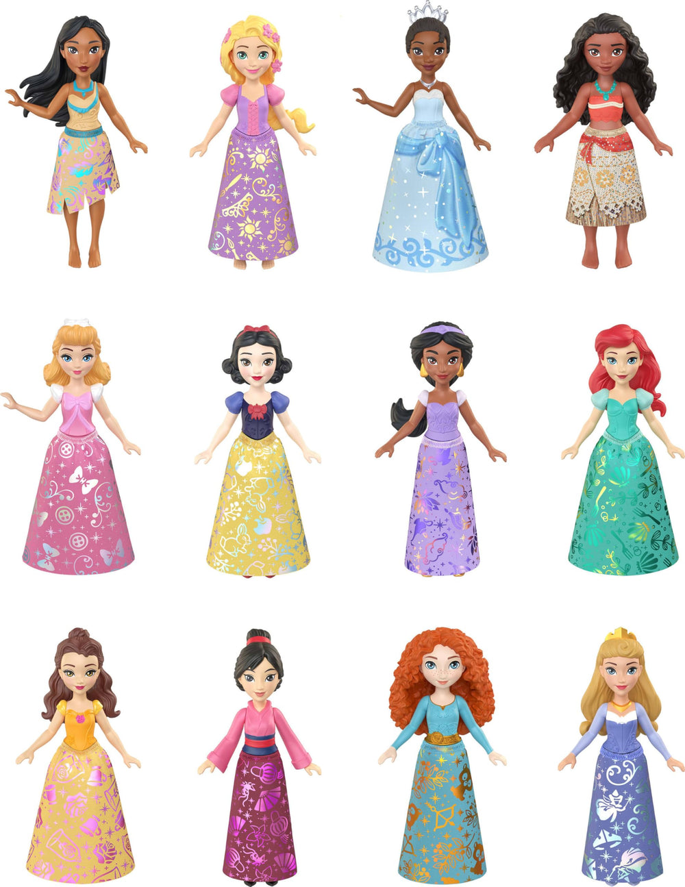 Mattel Disney Princess packaging front showing full twelve-doll set and gift-ready presentation