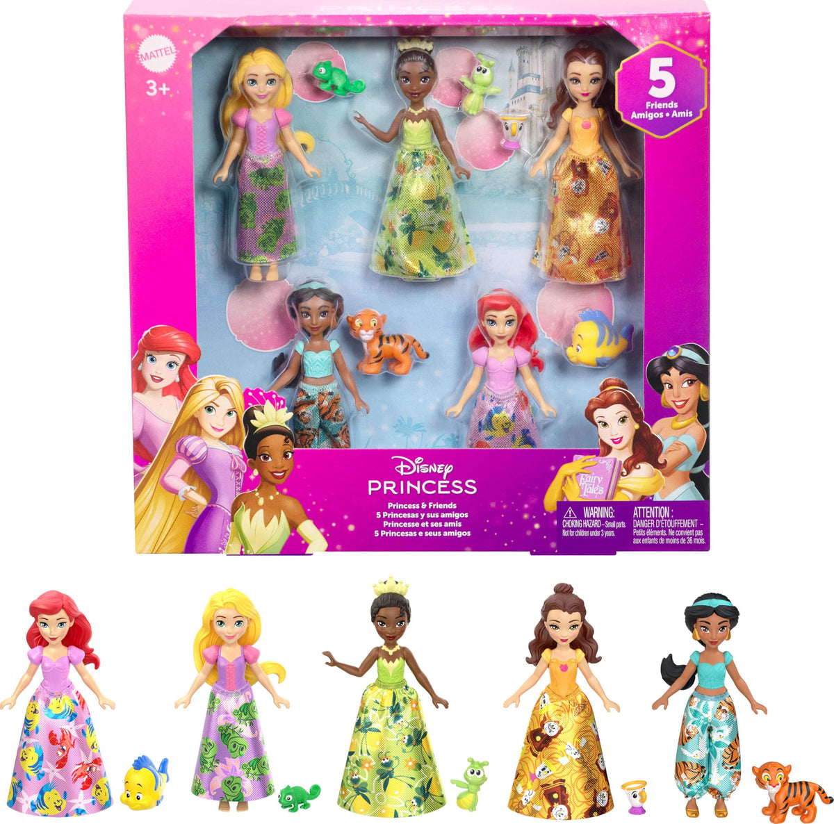 Mattel Disney Princess front packaging showing complete ten-figure set for instant play