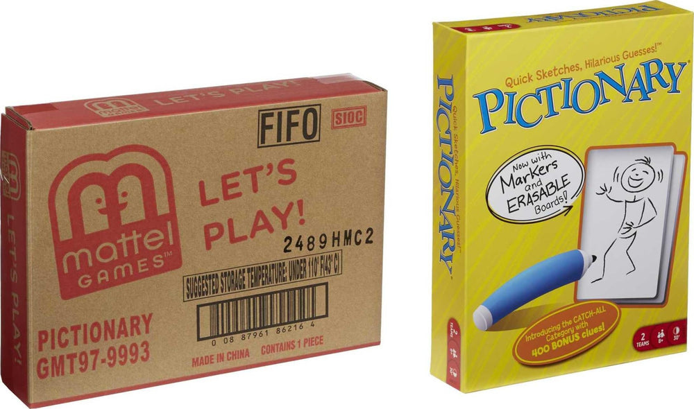 Mattel Games Pictionary scale comparison showing game pieces size for portability