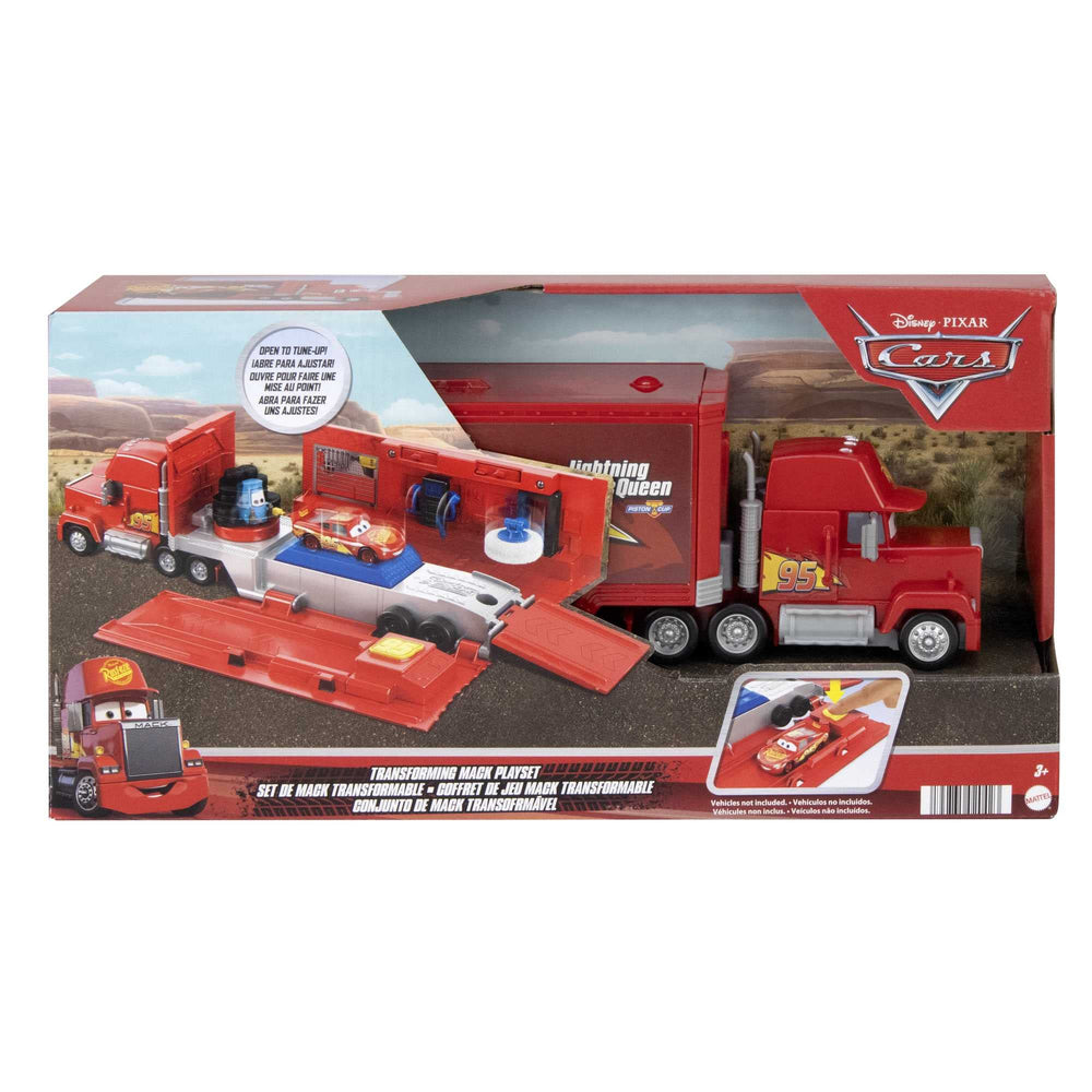 Mattel transforming Mack next to two Cars figures showing scale and compatibility