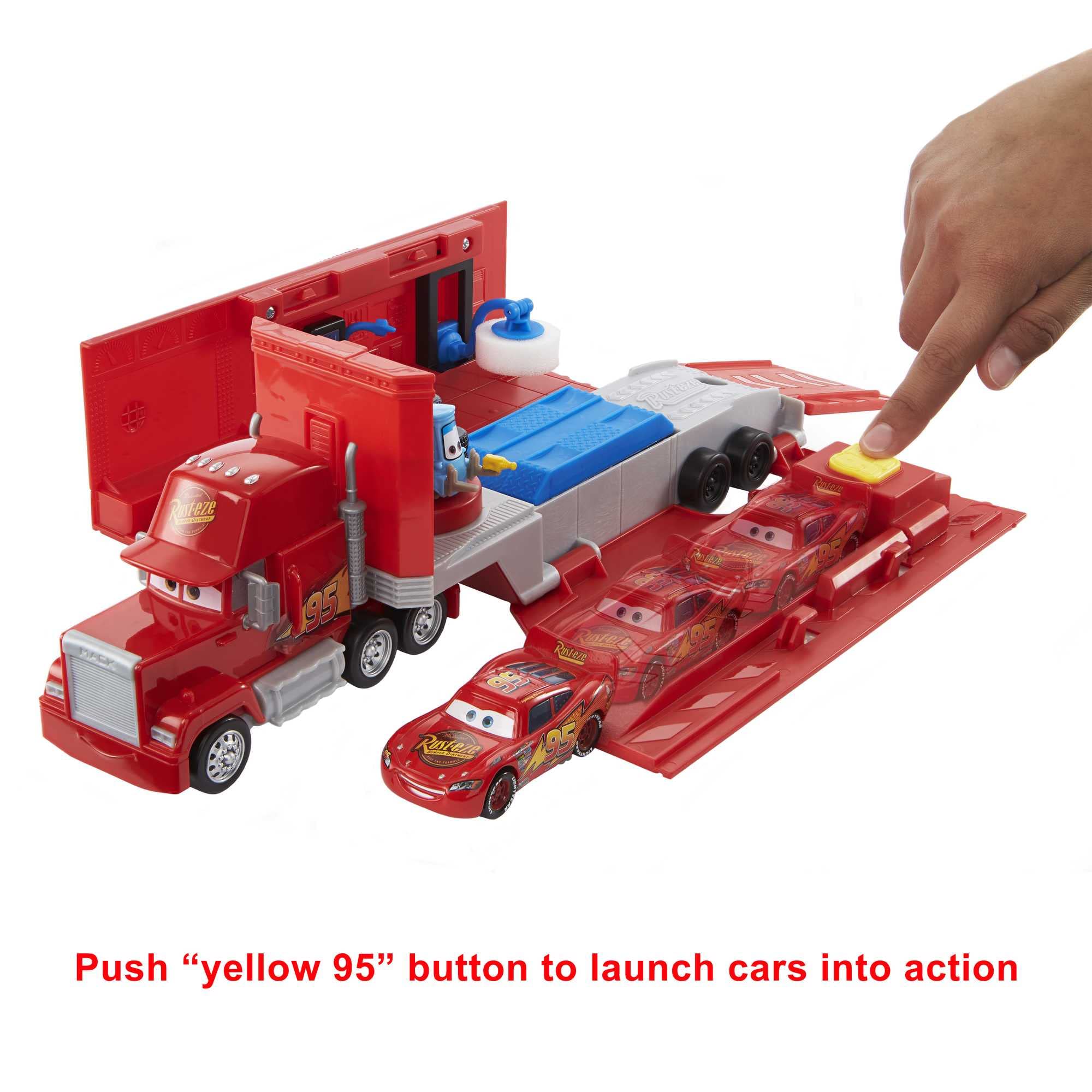 Mattel transforming Mack spring-loaded launcher firing a toy car for excitement