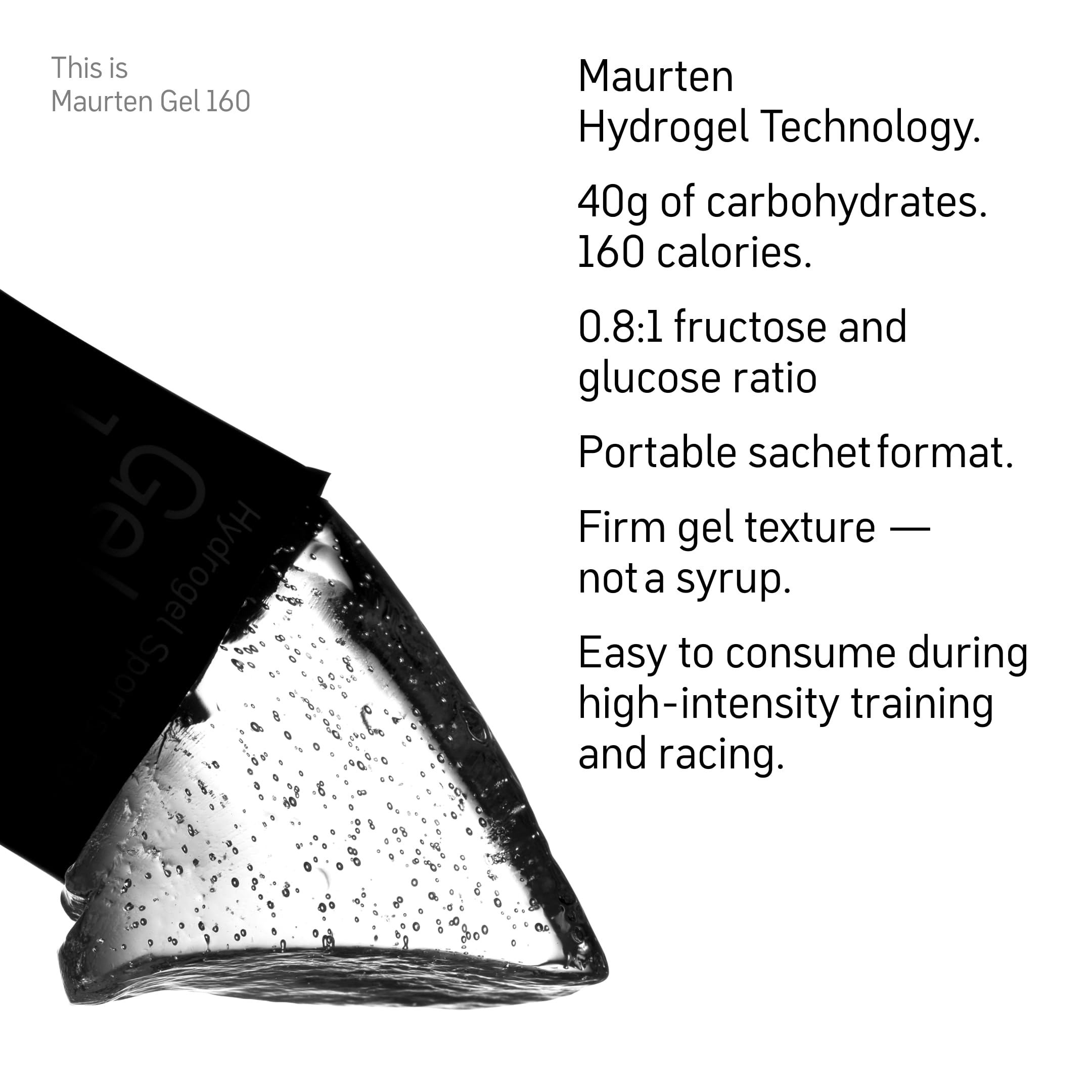 Maurten Gel 160 pouch in hand demonstrating 65g size and portability