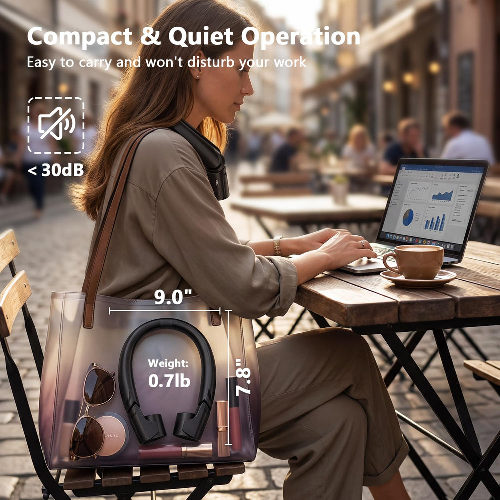 Side profile of Mavax ChillGo on table showing ergonomic collar and quiet operation