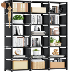 Mavivegue front view bookcase showing modular 18-cube storage and sleek black finish
