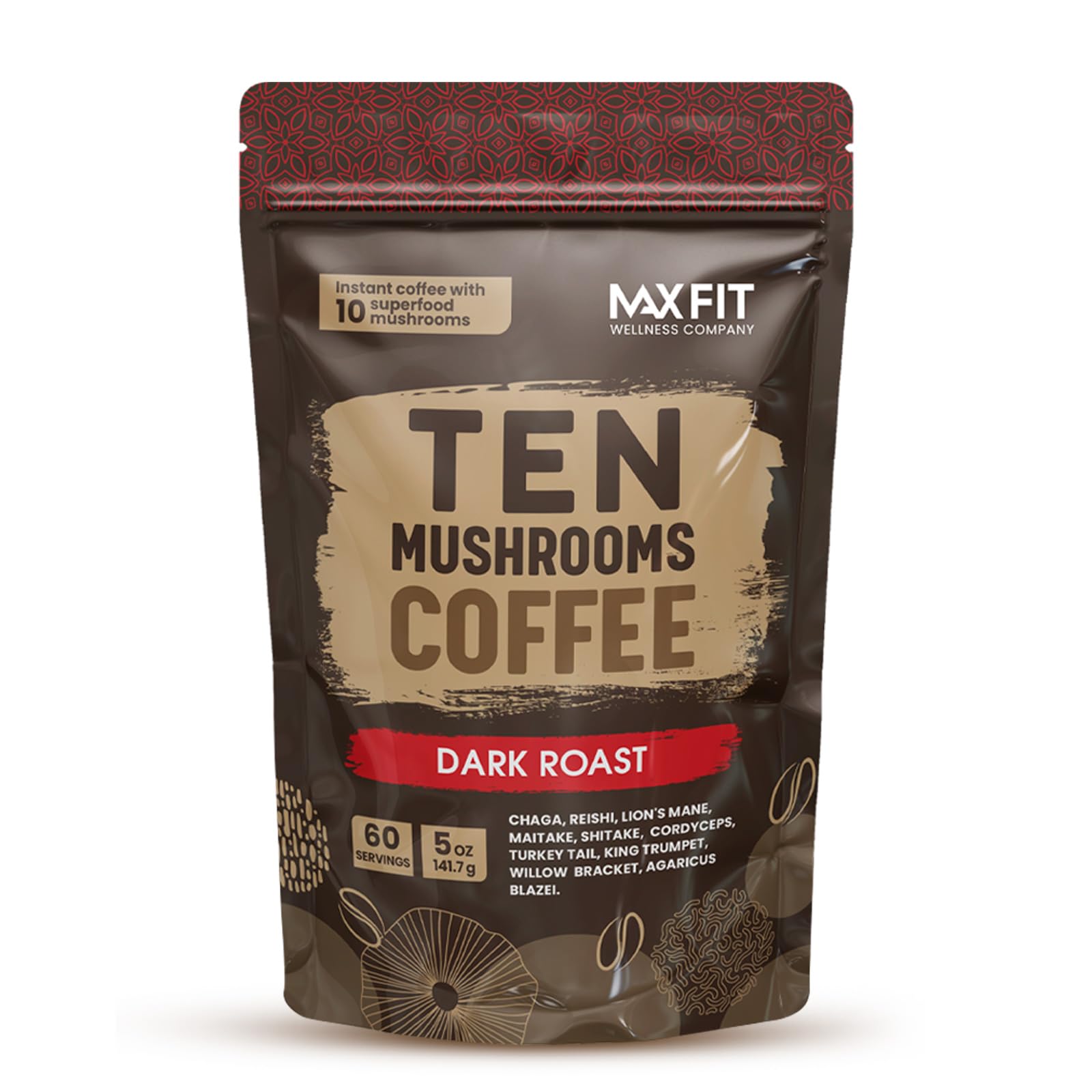 MAX FIT front packaging showing dark roast mushroom coffee benefits