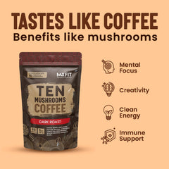 MAX FIT label close-up showing ten mushroom fruiting-body ingredients