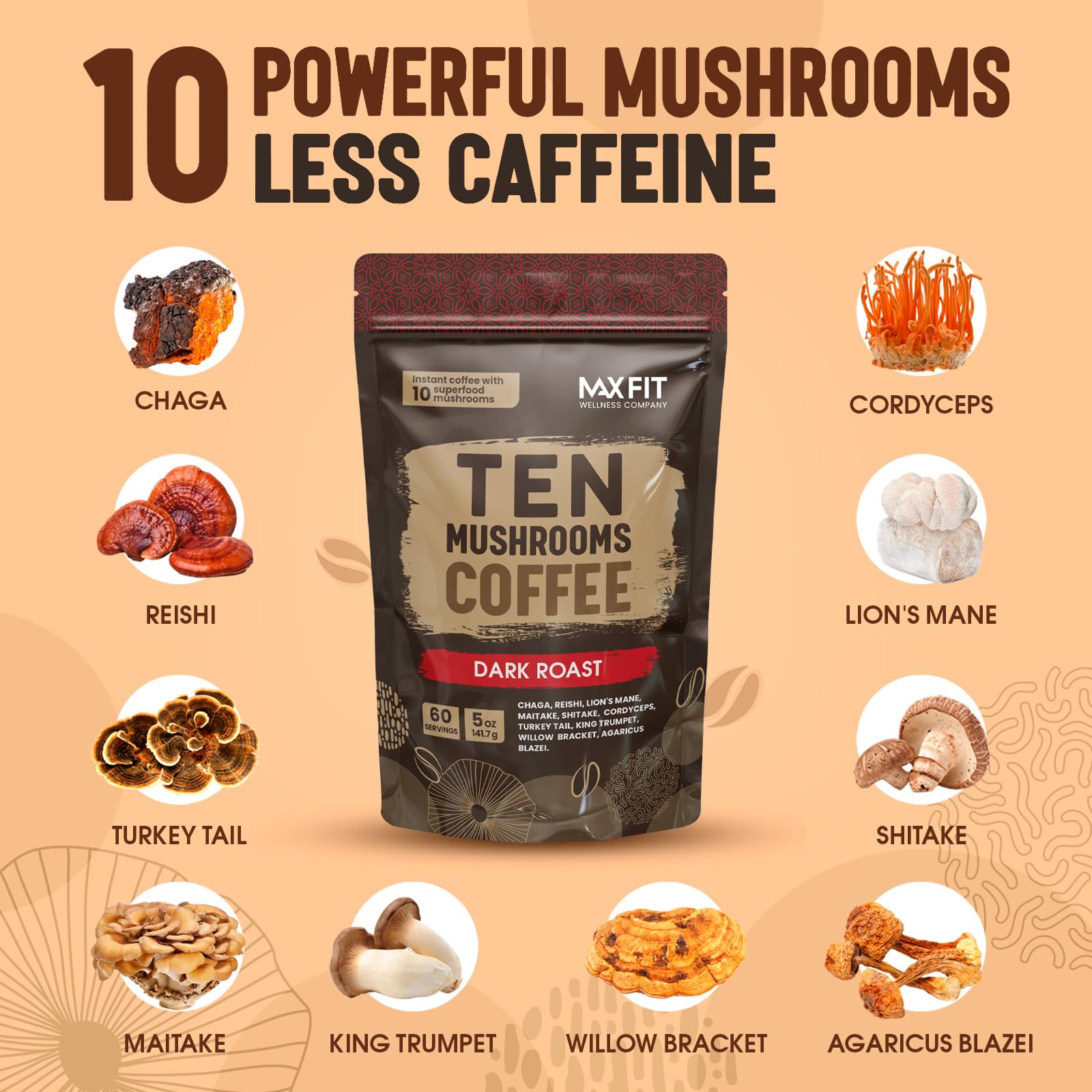 MAX FIT mug of prepared mushroom coffee demonstrating easy preparation