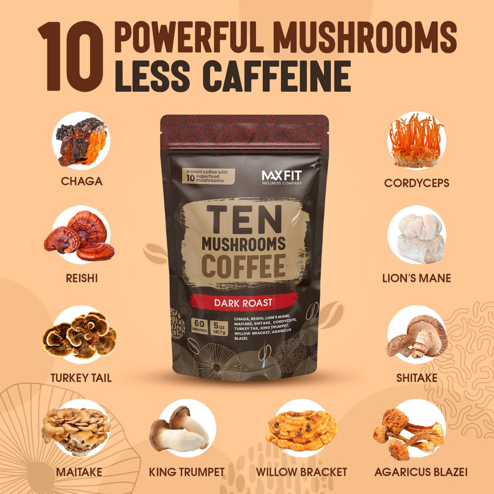 MAX FIT mug of prepared mushroom coffee demonstrating easy preparation