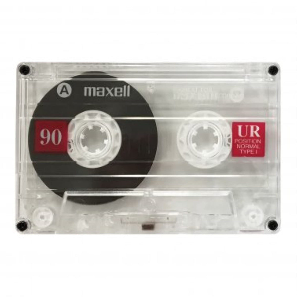 Maxell UR-90 front pack view showing five cassettes and protective cases for easy storage