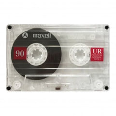 Maxell UR-90 front pack view showing five cassettes and protective cases for easy storage