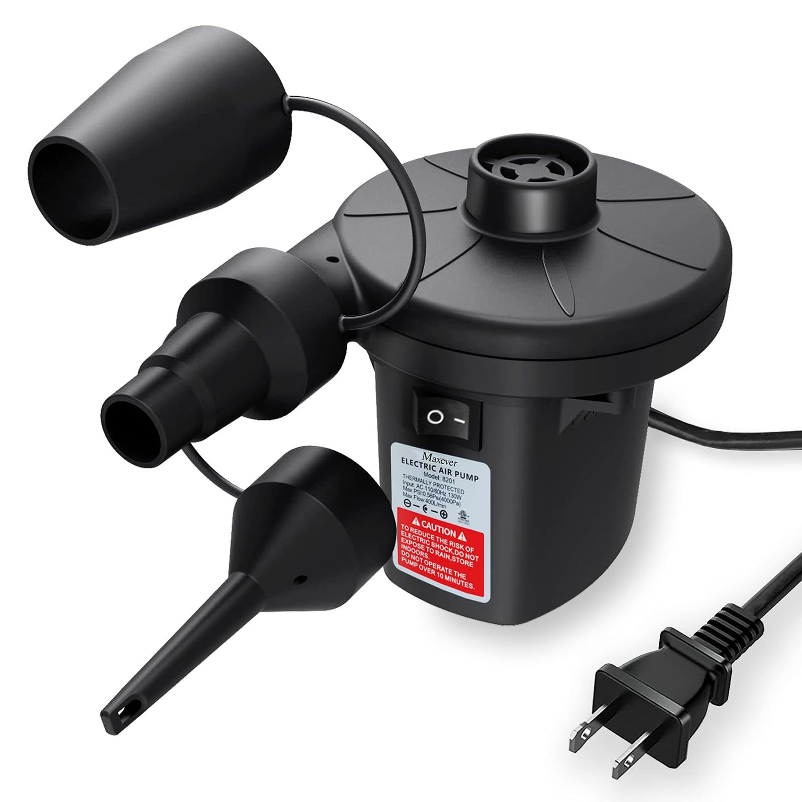 MAXEVER front view showing compact blower and plug for quick inflation benefit