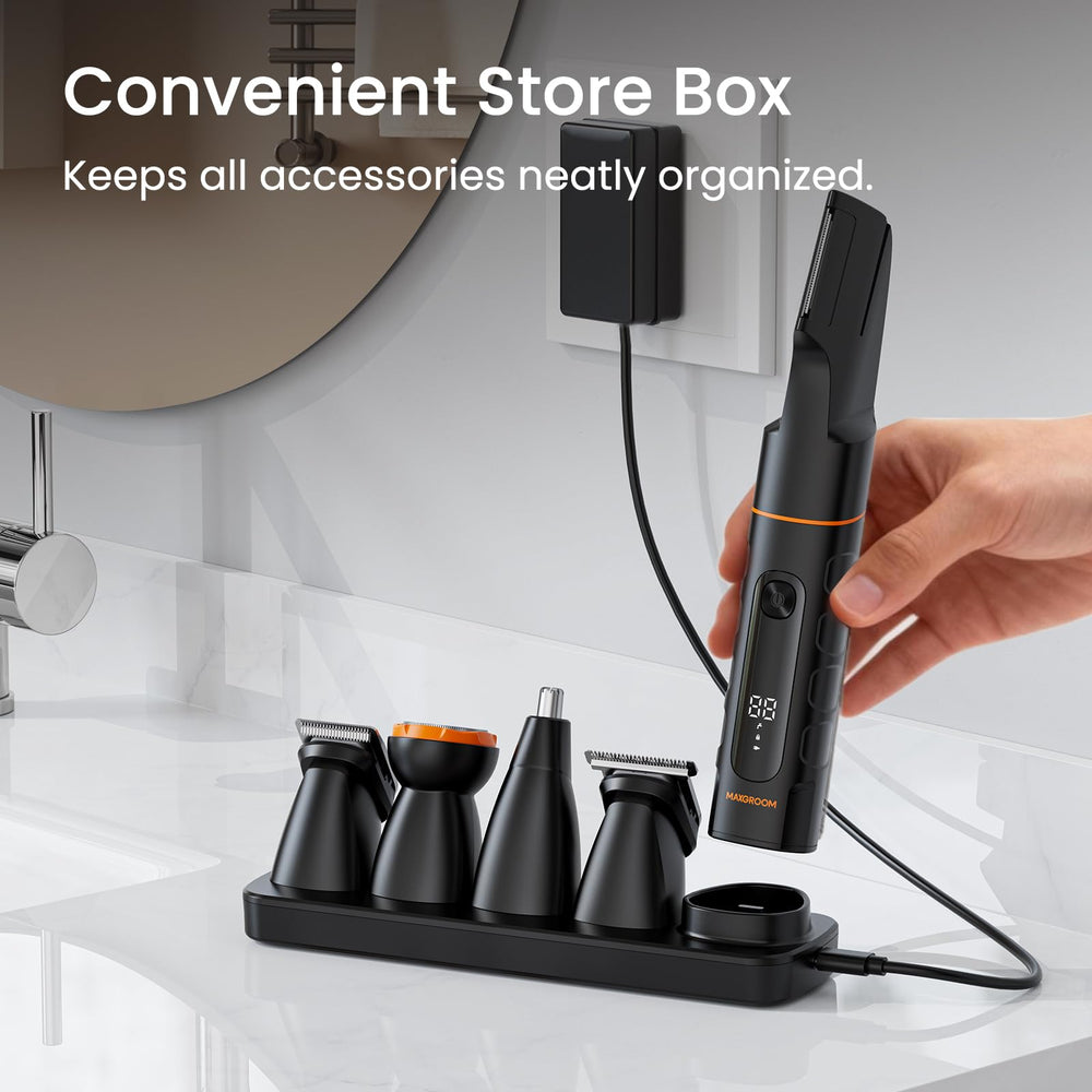 MAXGROOM charging dock with USB-C cable showing tidy countertop storage