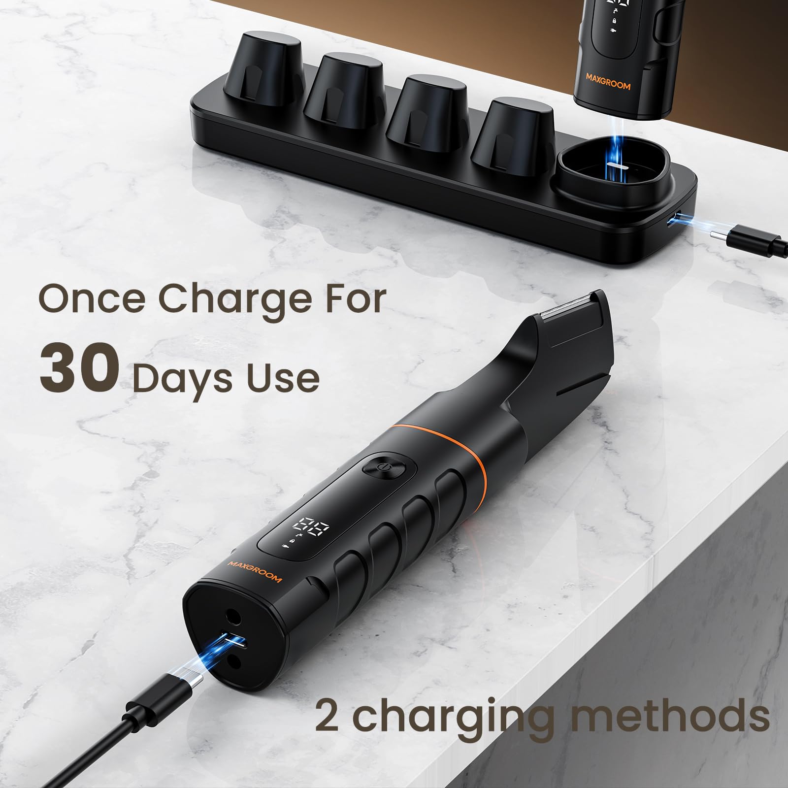MAXGROOM trimmer used in shower demonstrating waterproof easy-clean benefit