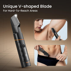 MAXGROOM R-shaped blade detail highlighting hypoallergenic rounded-tip safety