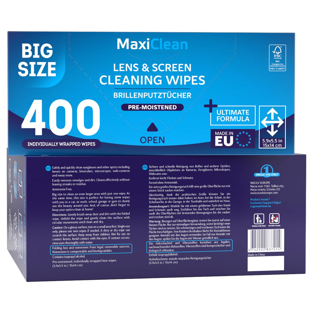 Maxi Clean folding box with eco labels highlighting biodegradable and renewable materials