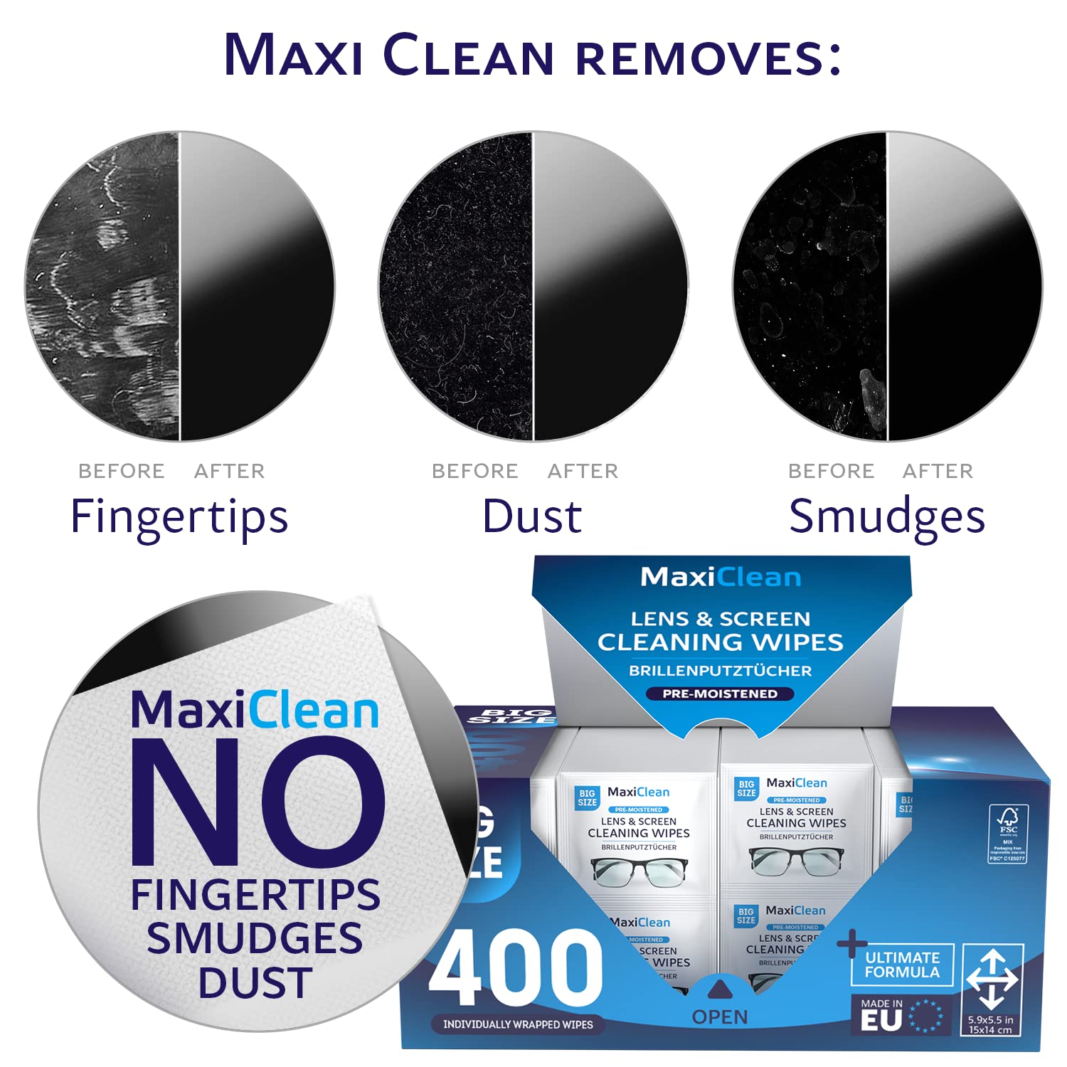 Maxi Clean wipe removing fingerprints from a smartphone screen for clearer viewing