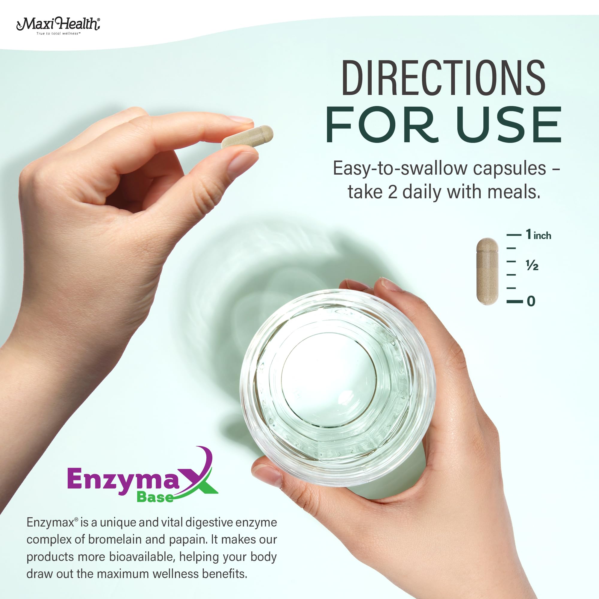 Maxi Health tablet next to hand for size and count perspective