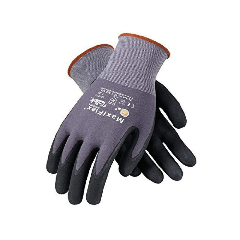 MaxiFlex glove front packaging showing gray XL gloves, improving grip and comfort