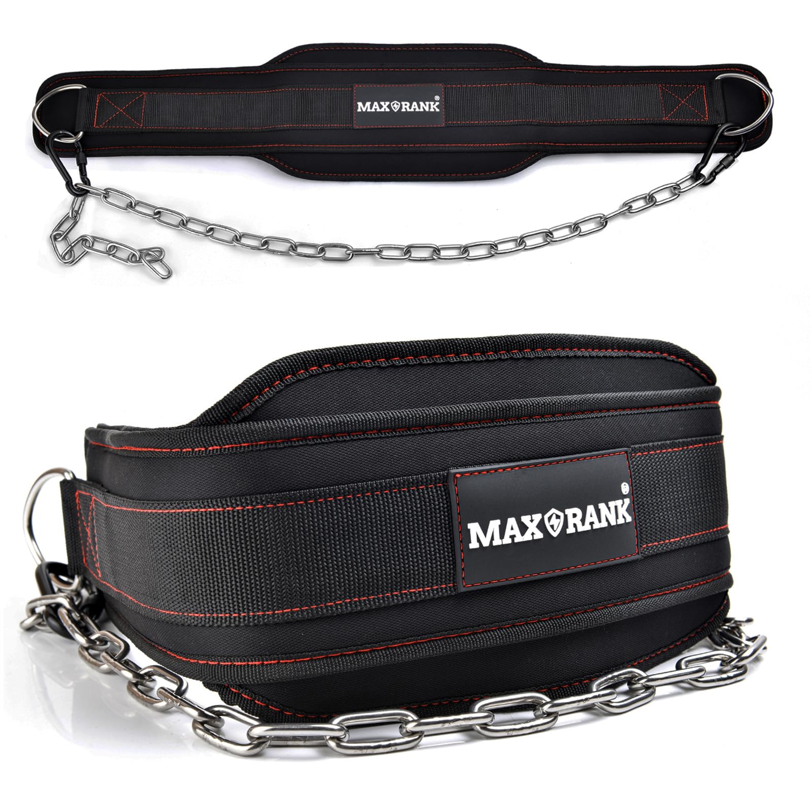 MAXRANK dip belt front view showing padded nylon and chain for secure resistance