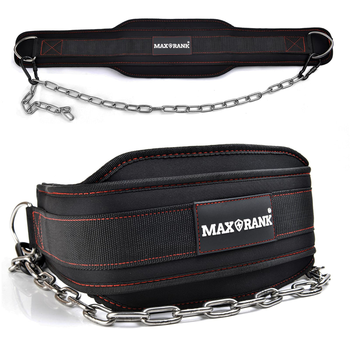 MAXRANK dip belt front view showing padded nylon and chain for secure resistance