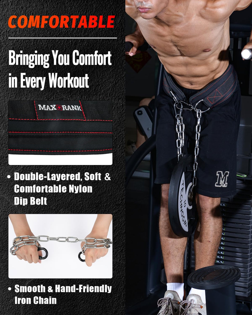 MAXRANK belt next to measuring tape showing adjustable 22 to 46.3 inch fit benefit