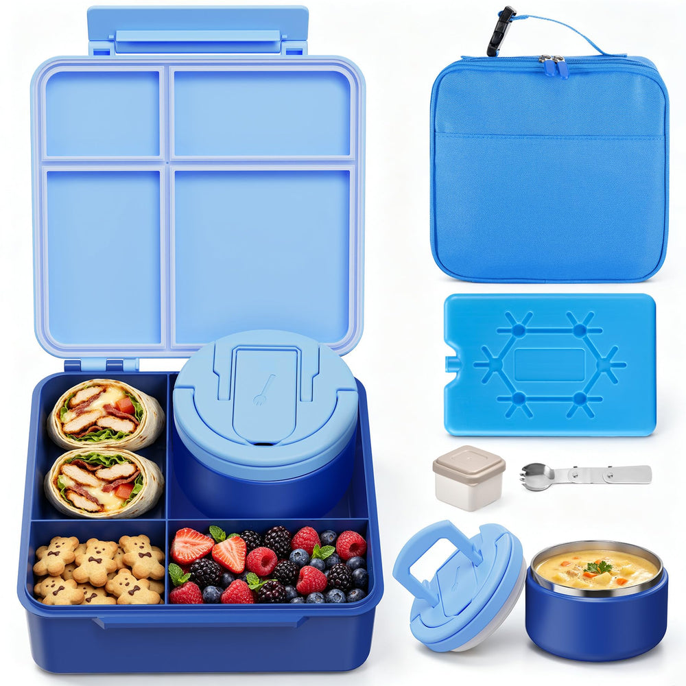MAXSO front view of blue bento box showing secure latches and compartments for mess-free meals
