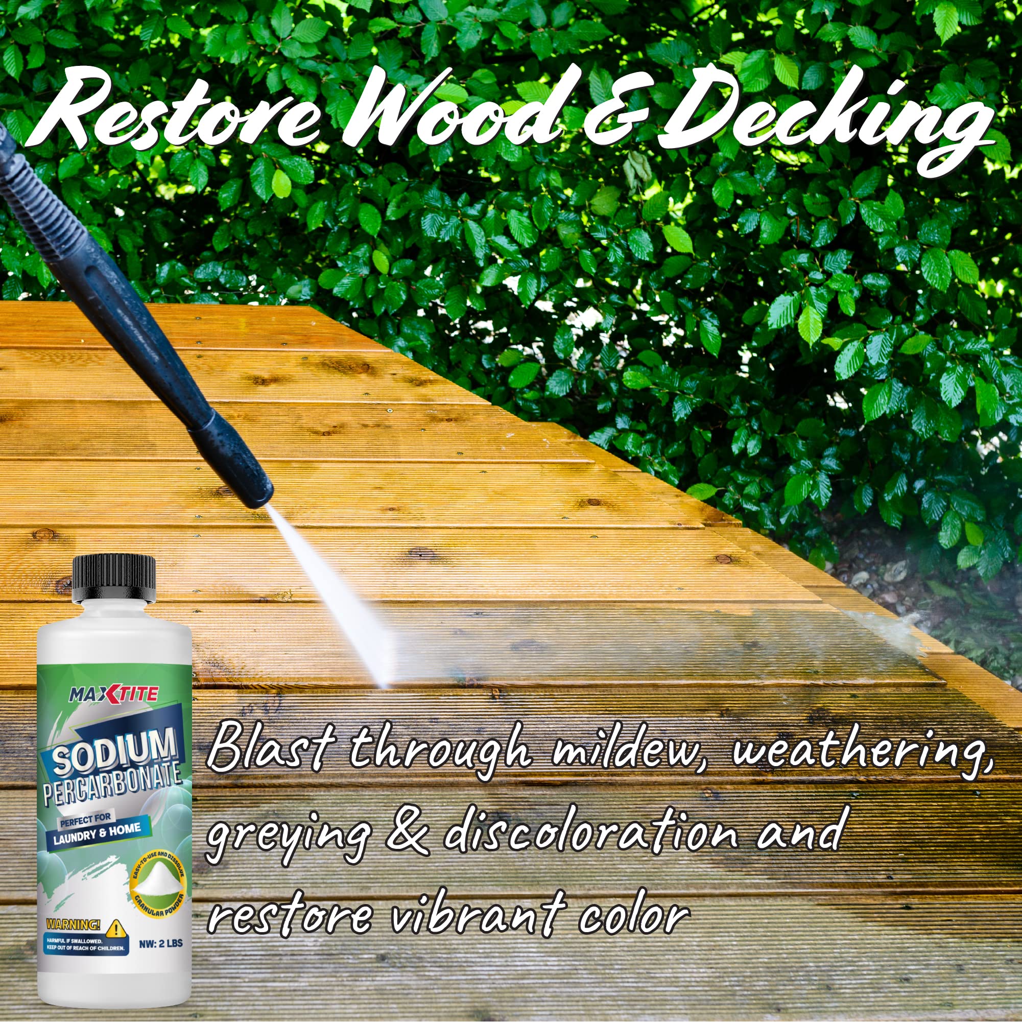 MAXTITE solution applied to wood deck during cleaning, restores appearance and removes grime