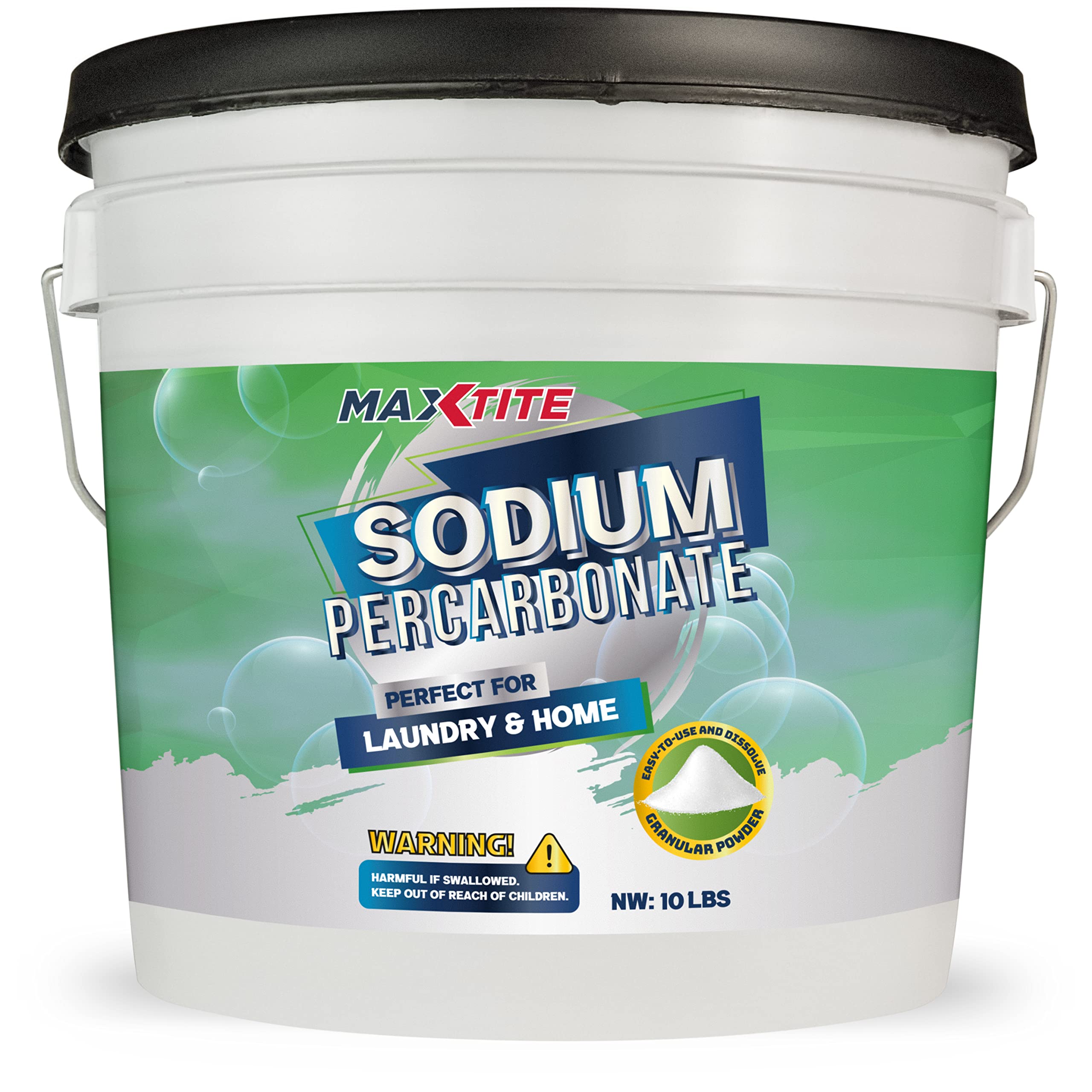MAXTITE front view of 10 lb HDPE pail with resealable cap, shows packaging and safety features