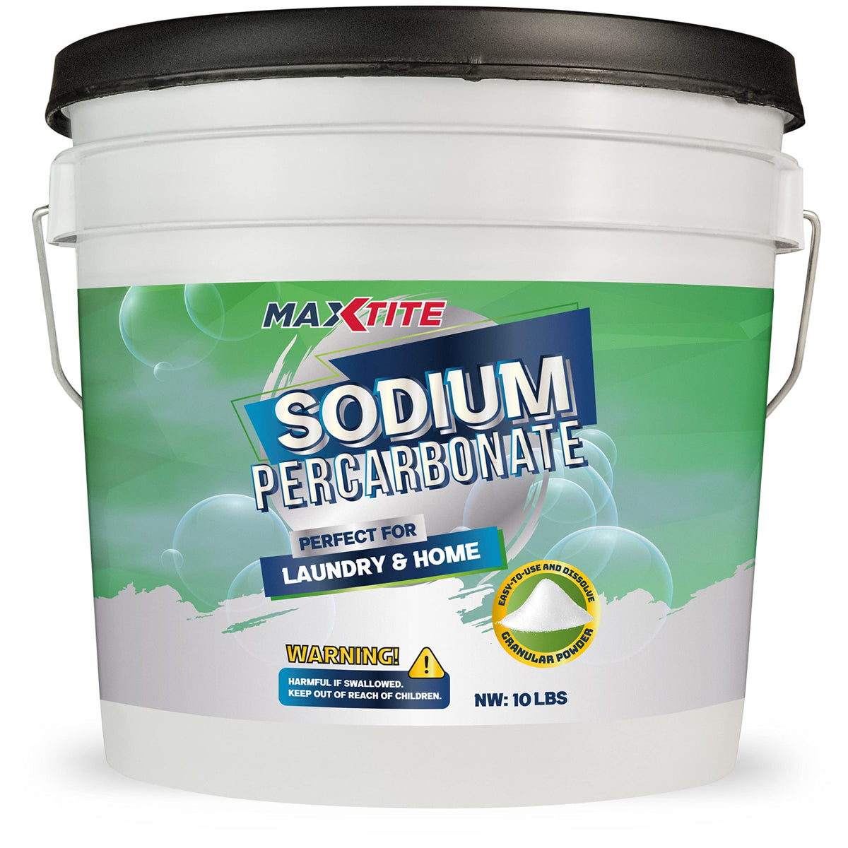 MAXTITE front view of 10 lb HDPE pail with resealable cap, shows packaging and safety features