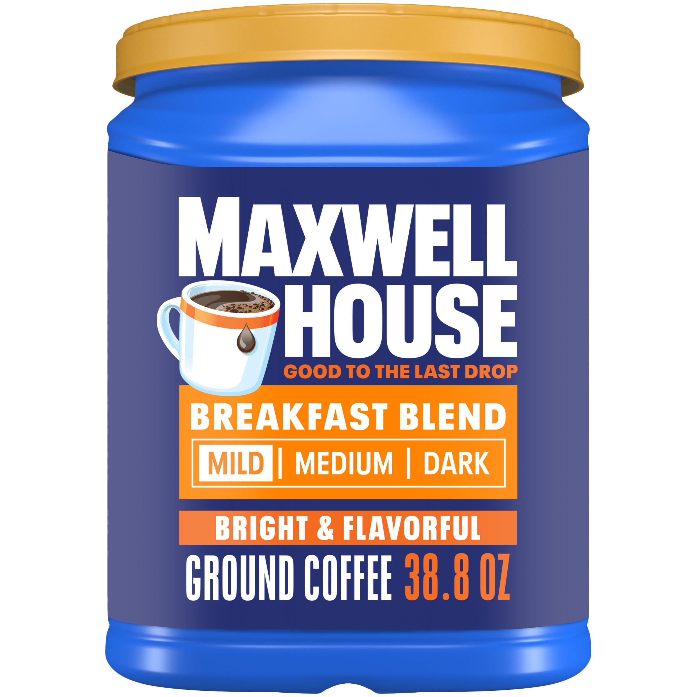 Maxwell House front canister showing branding and size, highlights generous supply
