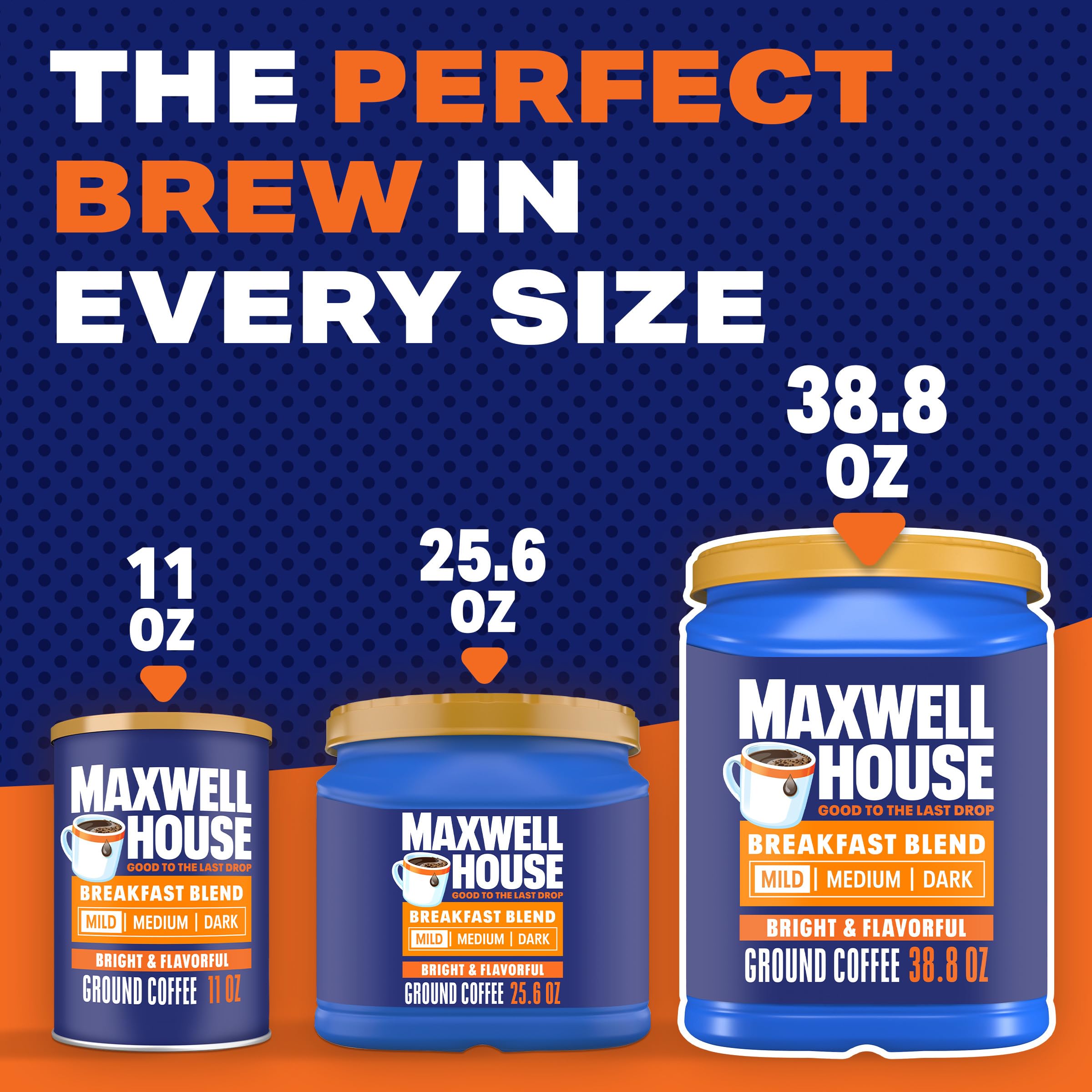 Hand holding Maxwell House canister for scale, clarifies 38.8-ounce portion size