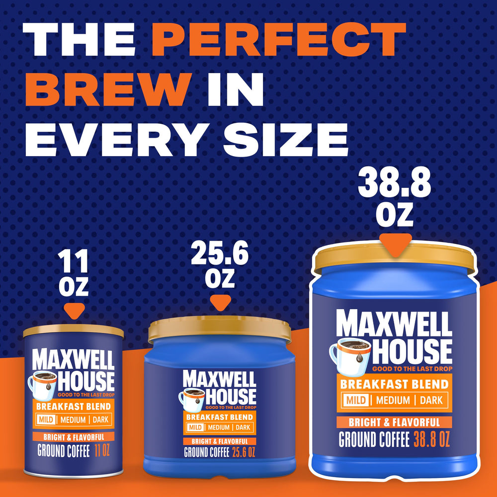 Hand holding Maxwell House canister for scale, clarifies 38.8-ounce portion size
