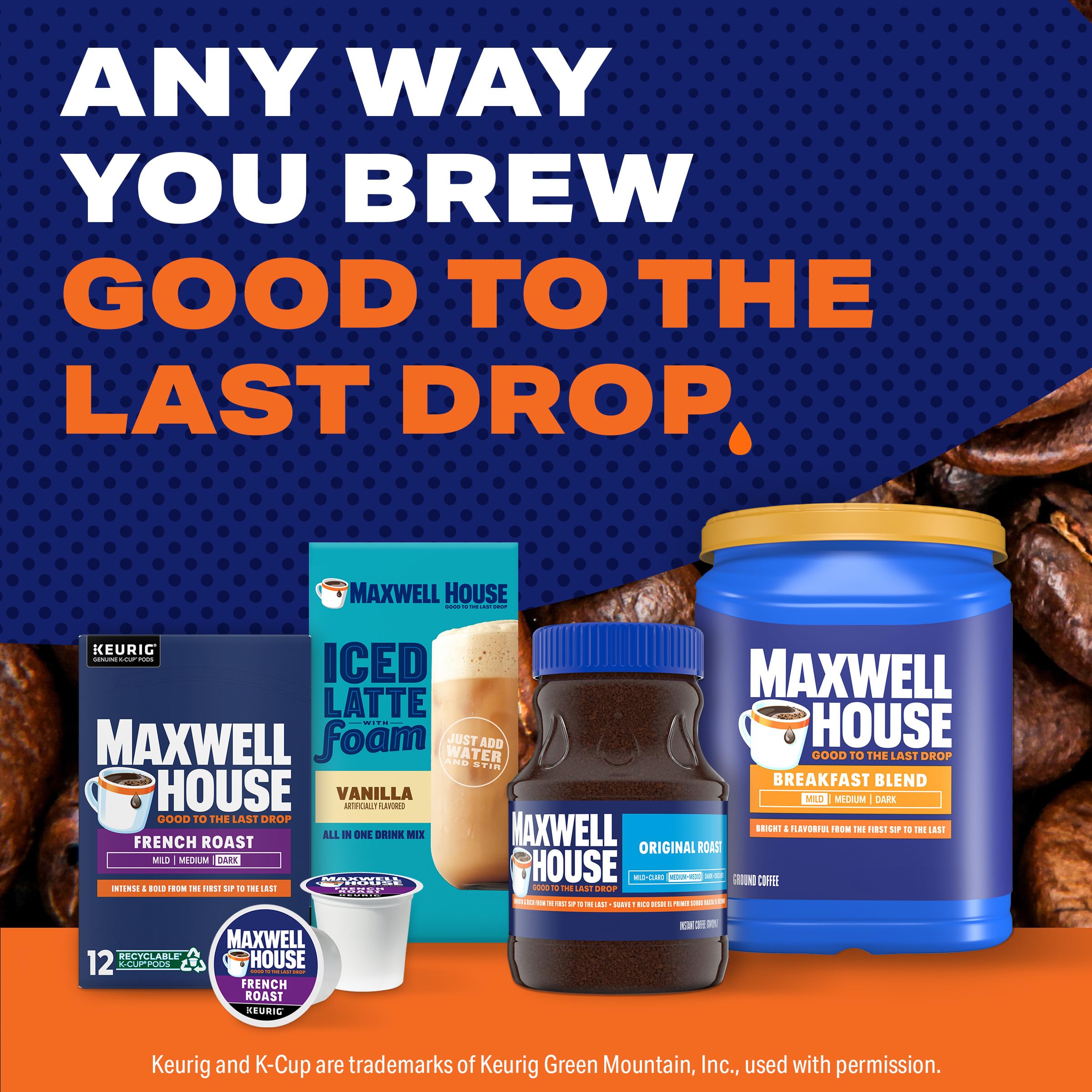 Maxwell House canister on pantry shelf, demonstrates recommended cool dry storage