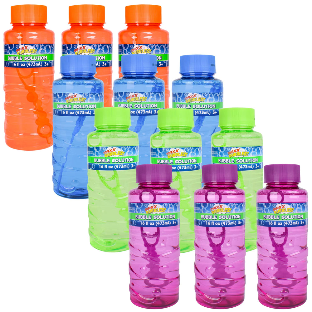 Maxx Bubbles front packaging showing 12 colorful 16oz bottles and included wands benefiting event readiness