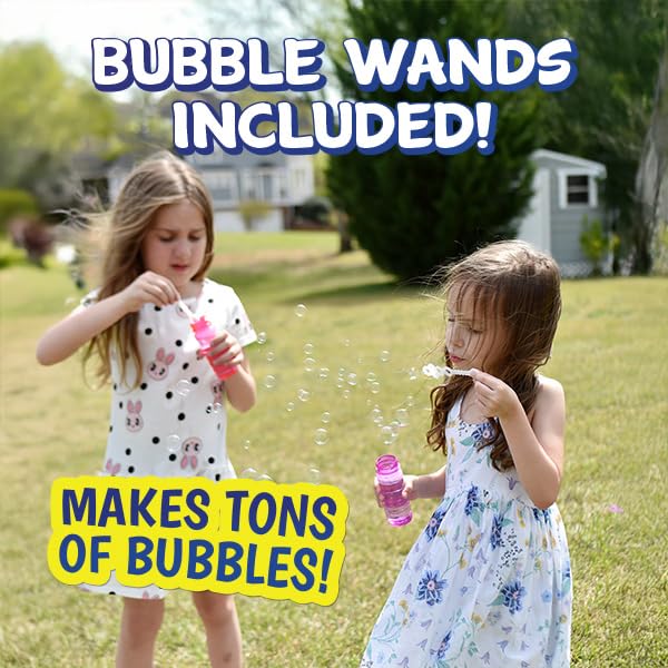 Maxx Bubbles bottle next to adult hand showing scale and portable convenience for on-the-go fun
