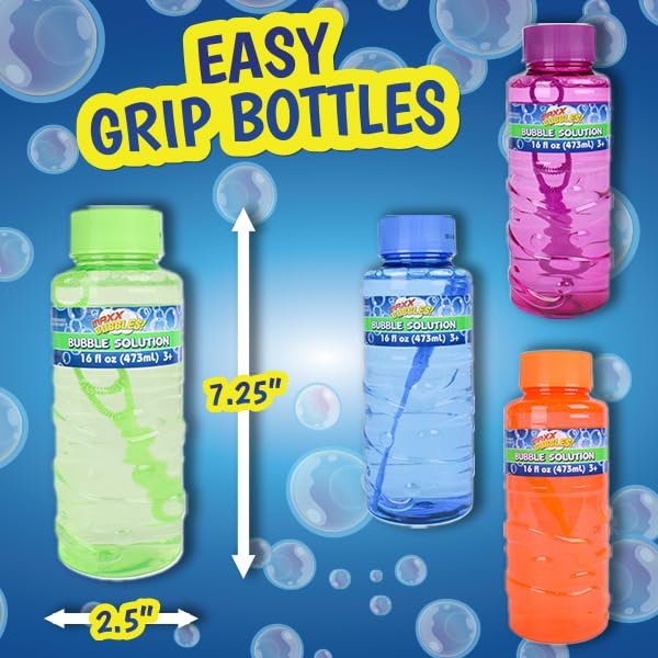 Maxx Bubbles pouring solution close-up showing smooth liquid texture for longer-lasting bubbles outdoors