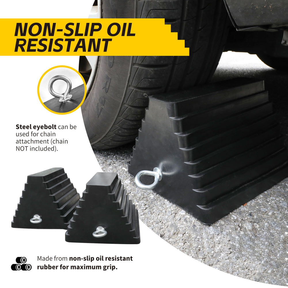 MaxxHaul chock placed under trailer wheel for safe loading and parking