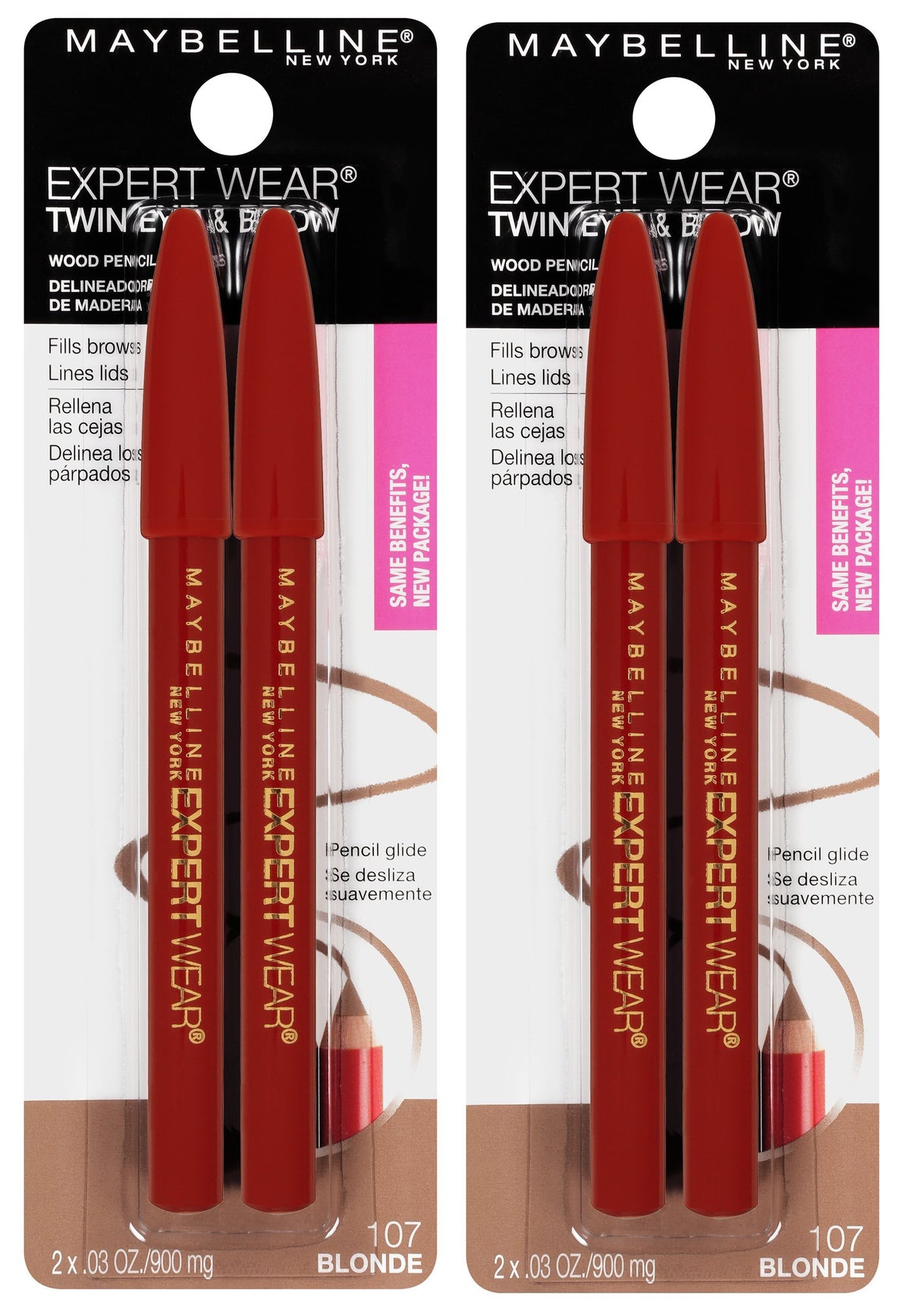 MAYBELLINE front packaging showing two Blonde pencils and benefits of dual-use