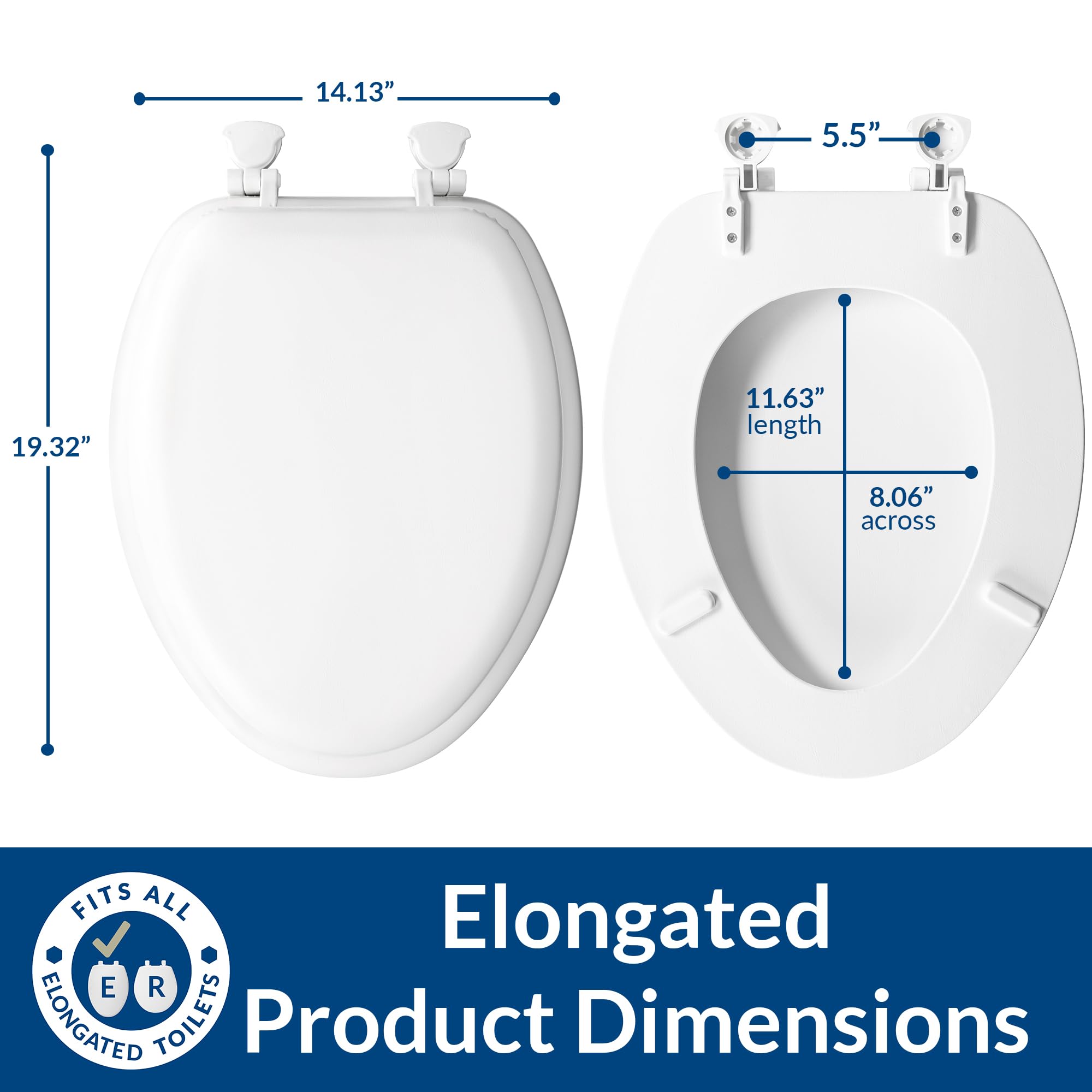 Mayfair seat installed on elongated toilet showing accurate fit