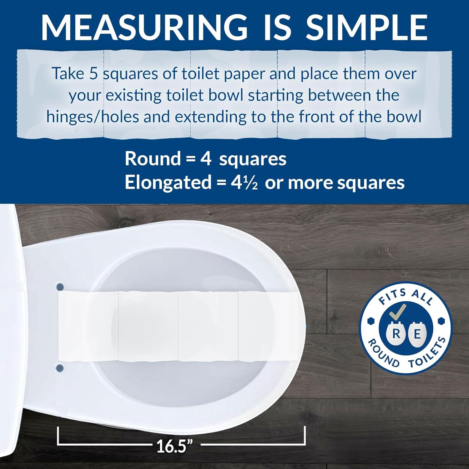 Mayfair Linden beside ruler showing measurements for correct round toilet fit