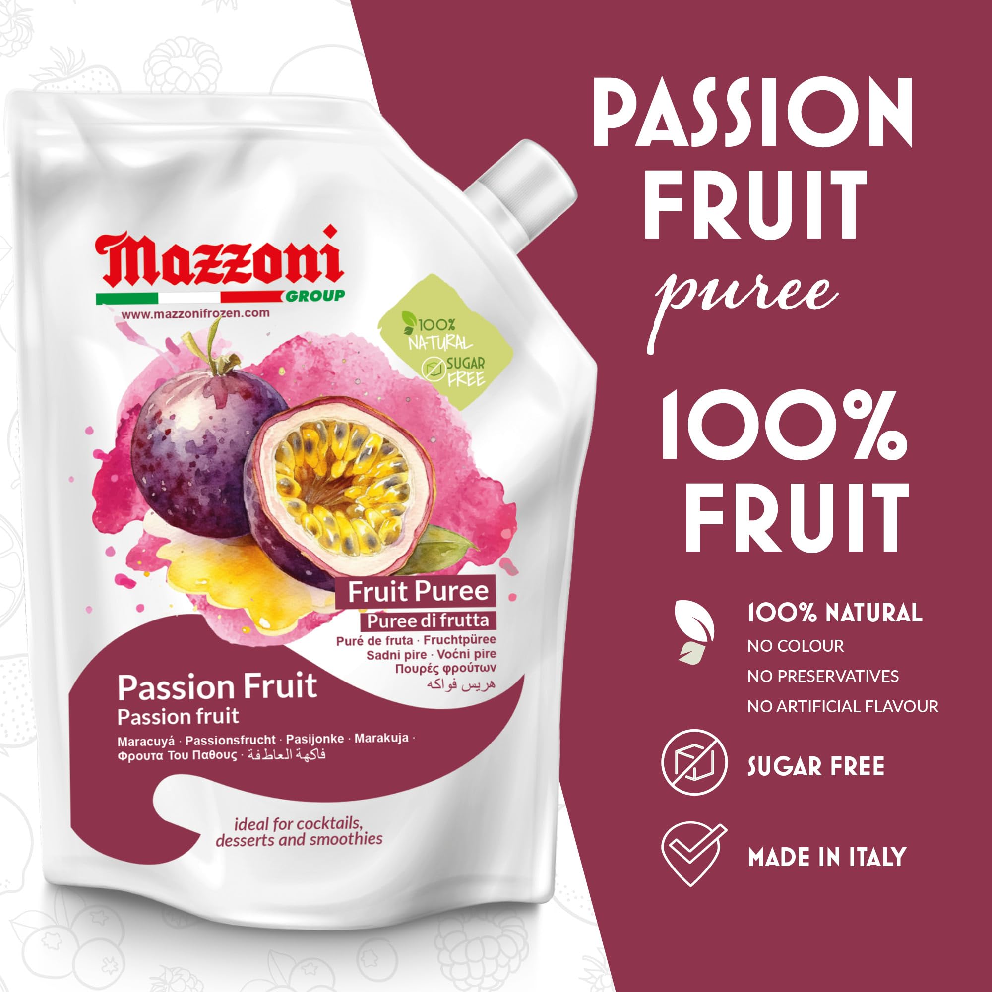 Mazzoni passion fruit puree pouring into a cocktail glass for vibrant flavor