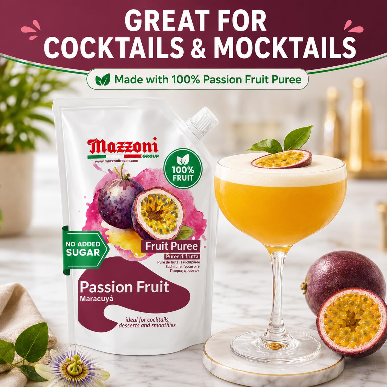 Mazzoni passion fruit puree used as dessert topping for bright tropical flavor