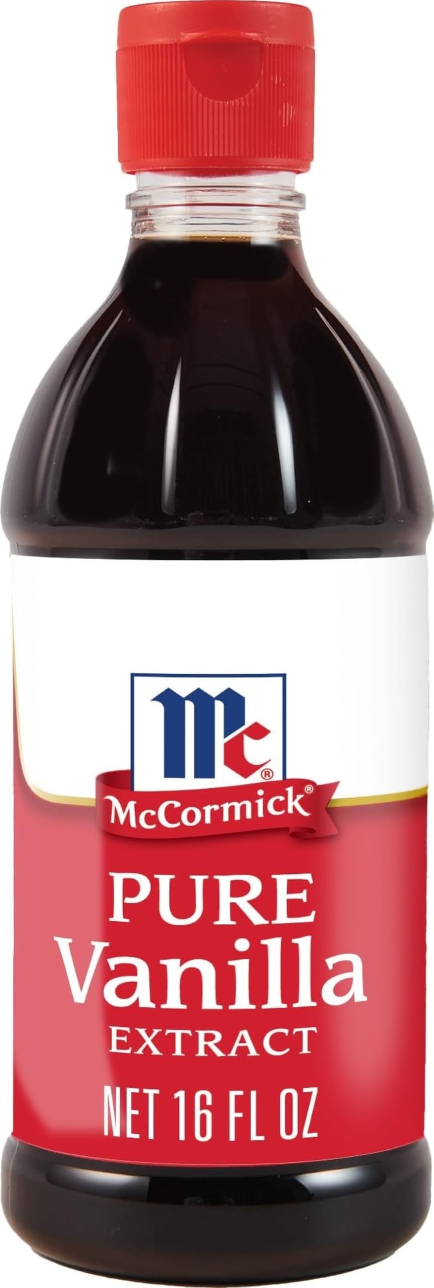 McCormick bottle front label showing 16 fl oz and pure vanilla benefit
