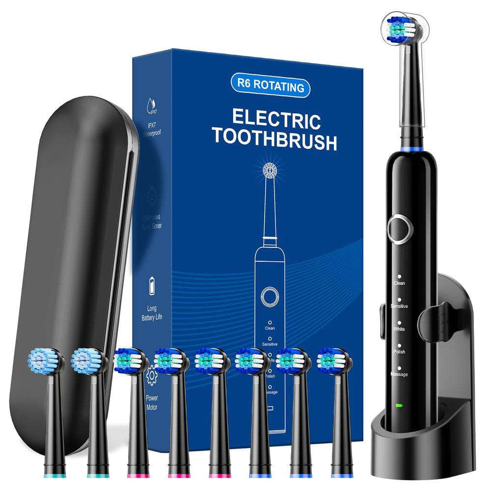 MCUDKIK electric toothbrush front view showing handle and eight brush heads for versatile cleaning