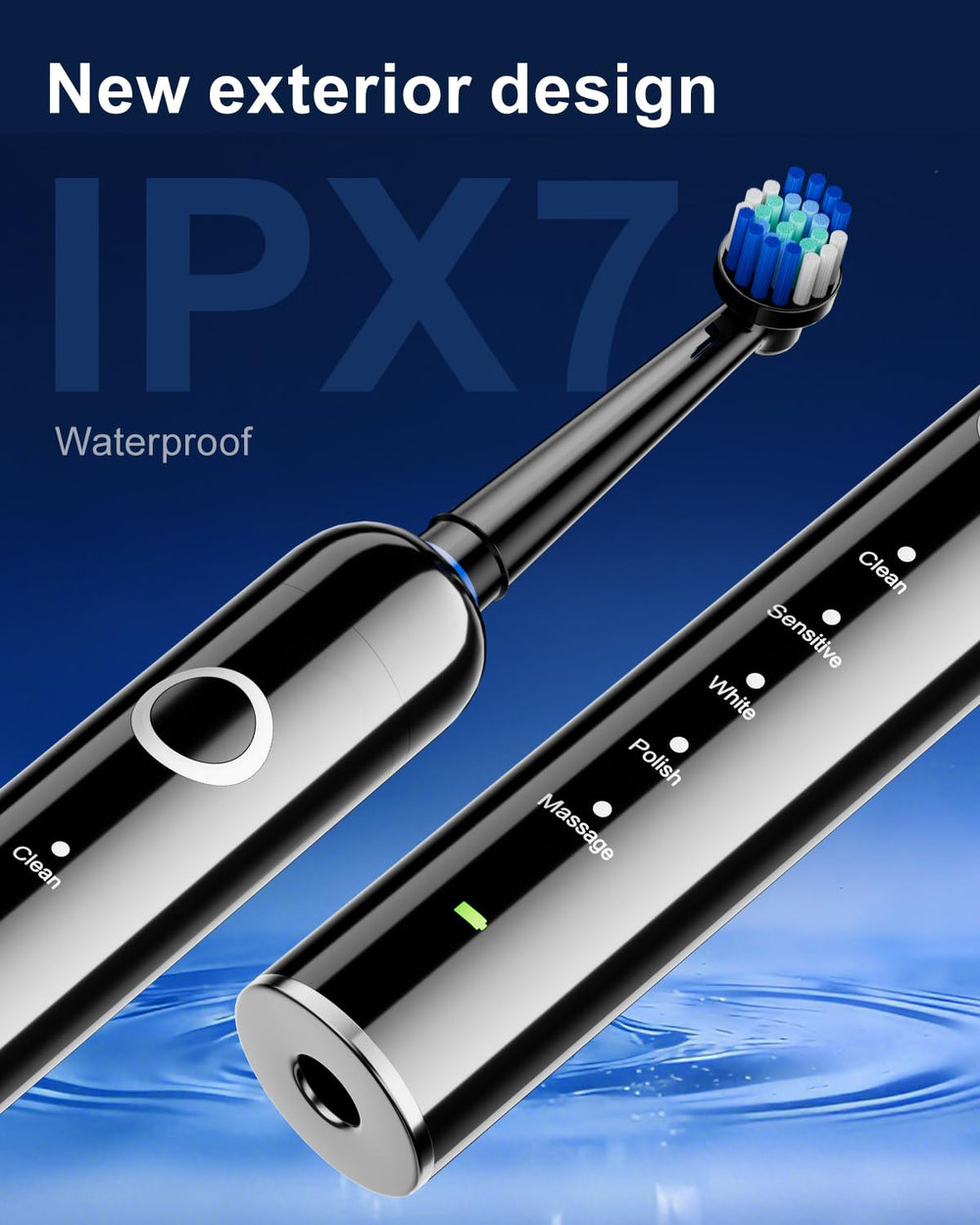 MCUDKIK toothbrush under running water demonstrating IPX7 waterproof safety for rinsing